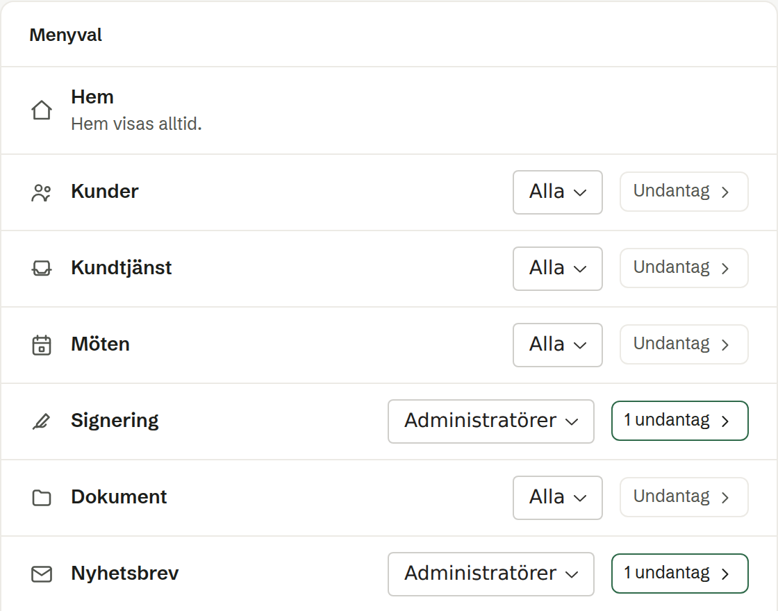 Arbetsyta › Meny: varje menypost får en publik – alla, administratörer eller ingen – med undantag per person.